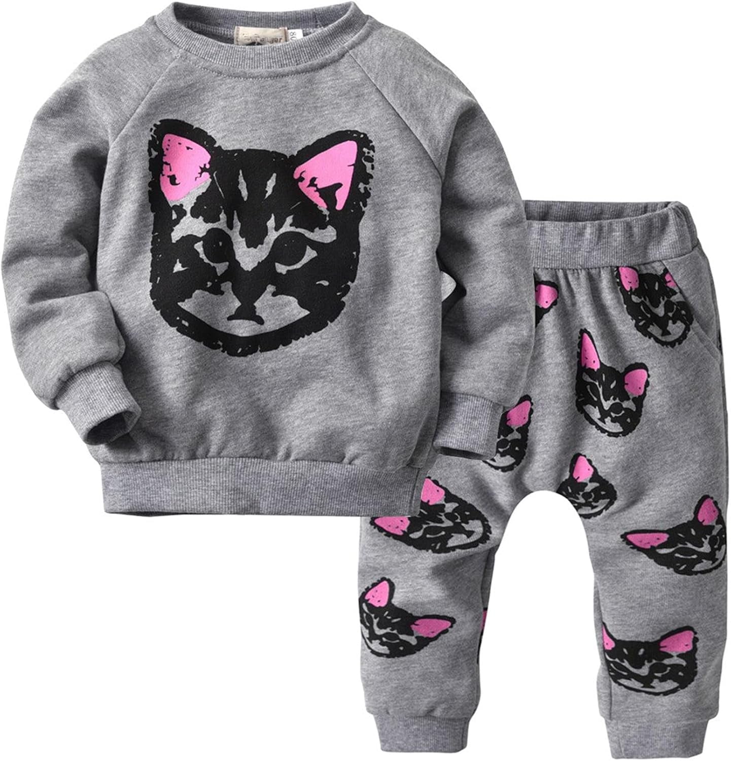 Toddler Kids Girls Cute Cat Sweatshirt Tops & Pants Tracksuit Outfits Set