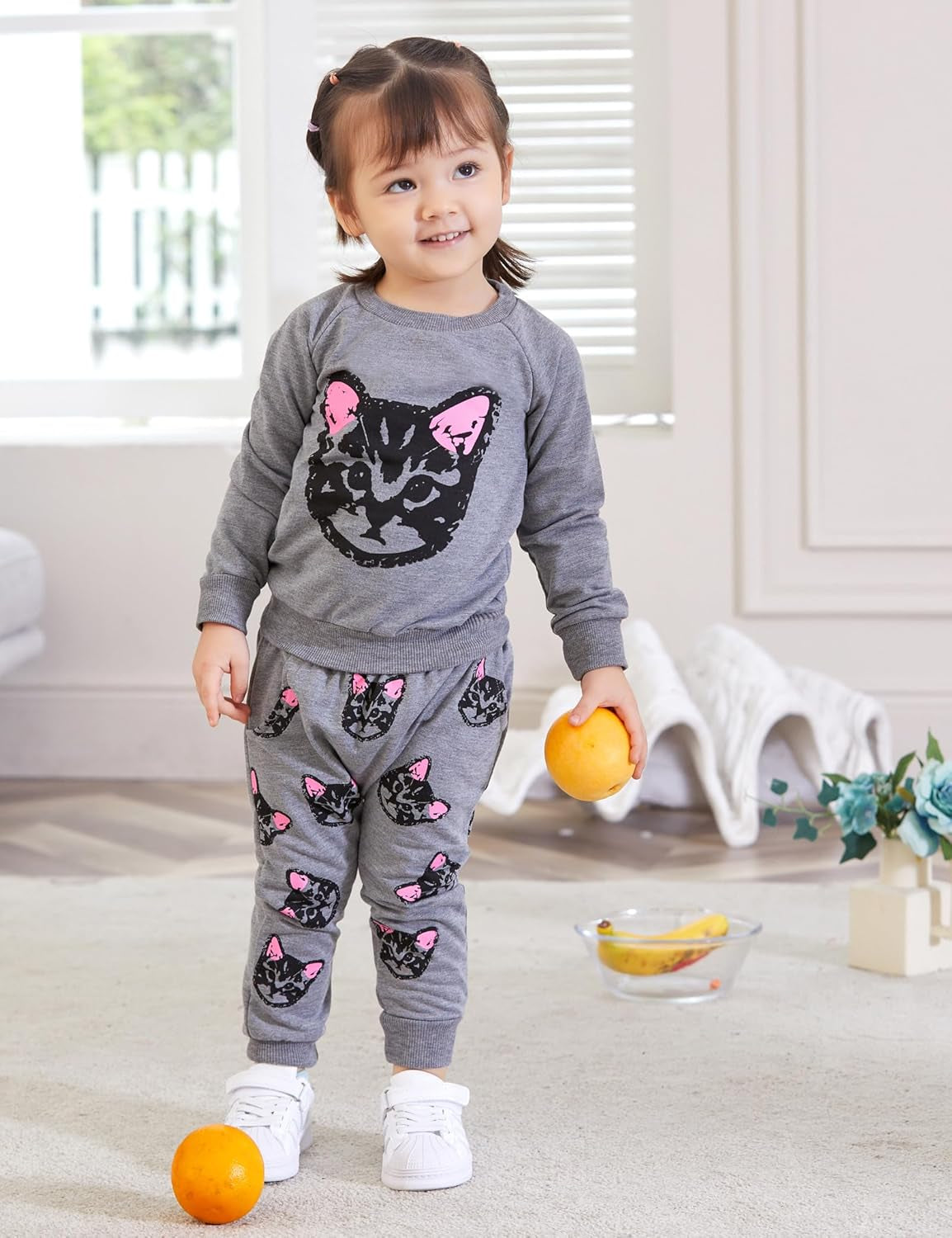 Toddler Kids Girls Cute Cat Sweatshirt Tops & Pants Tracksuit Outfits Set