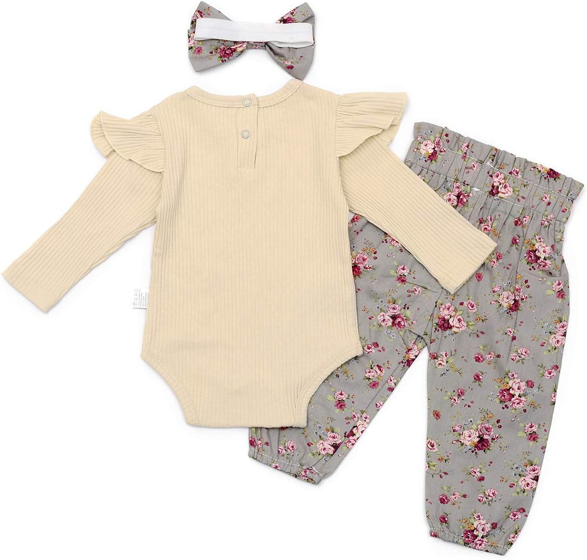 Newborn Baby Girls Clothes Cute Infant Ruffle Romper Bodysuit Floral Pants with Headband Outfit 3Pcs Set