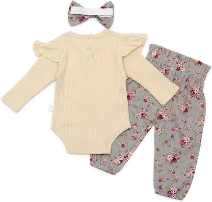 Newborn Baby Girls Clothes Cute Infant Ruffle Romper Bodysuit Floral Pants with Headband Outfit 3Pcs Set