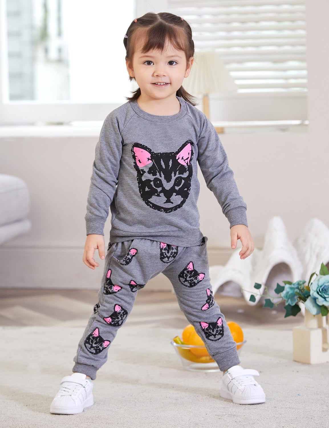 Toddler Kids Girls Cute Cat Sweatshirt Tops & Pants Tracksuit Outfits Set