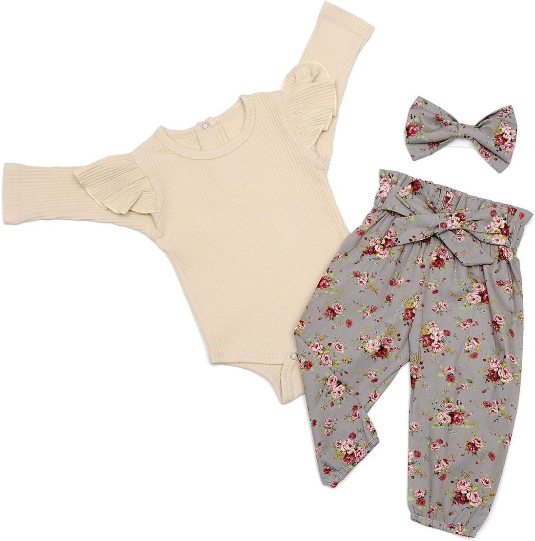 Newborn Baby Girls Clothes Cute Infant Ruffle Romper Bodysuit Floral Pants with Headband Outfit 3Pcs Set