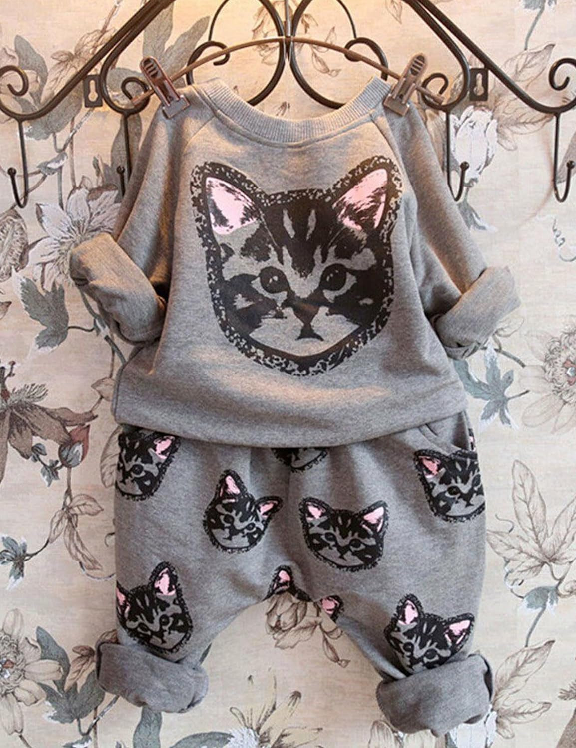 Toddler Kids Girls Cute Cat Sweatshirt Tops & Pants Tracksuit Outfits Set