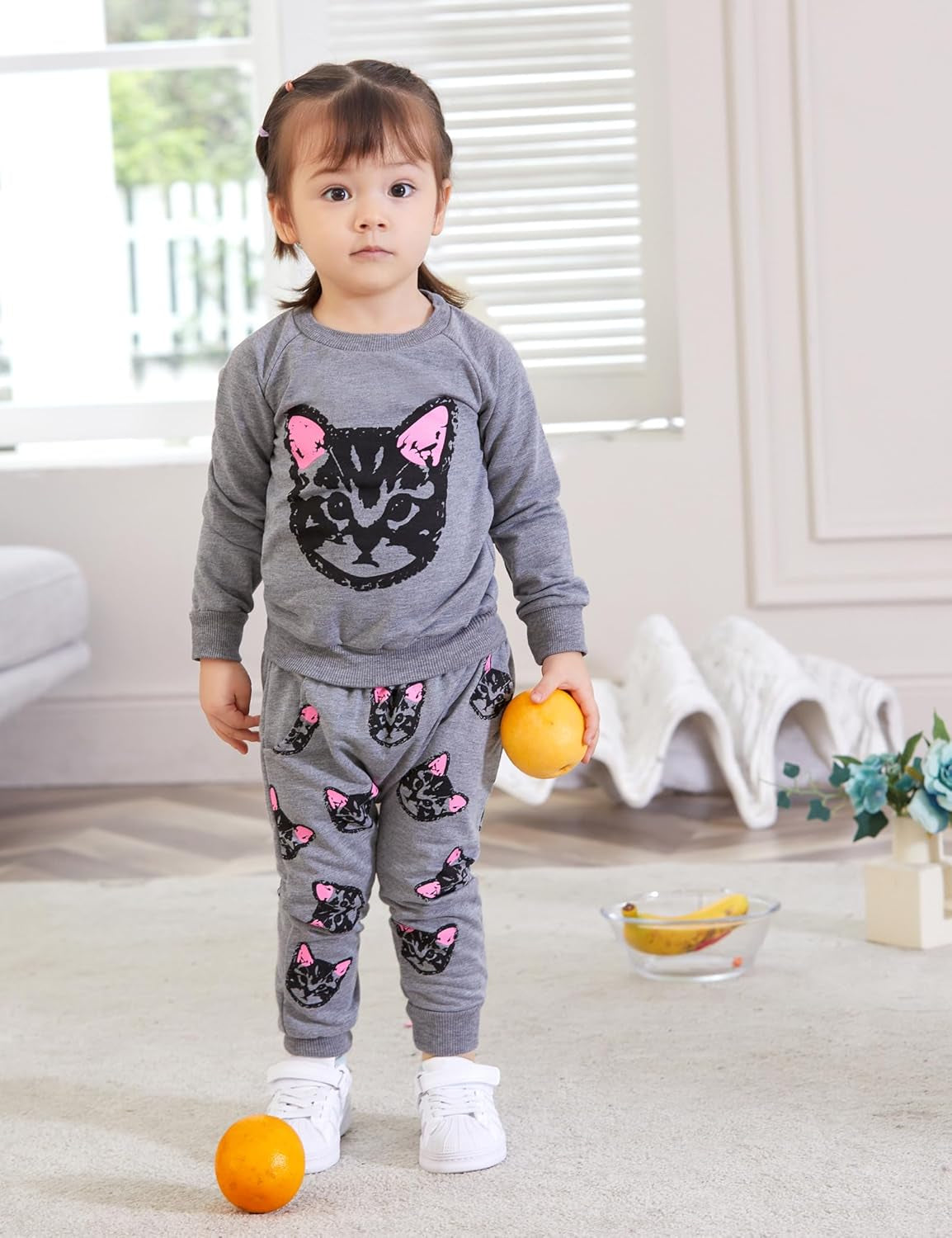 Toddler Kids Girls Cute Cat Sweatshirt Tops & Pants Tracksuit Outfits Set